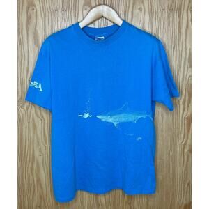 Vtg 1984 Oh Sh*t Great White Shark Wraparound Blue T-Shirt Size Fluid Visions L